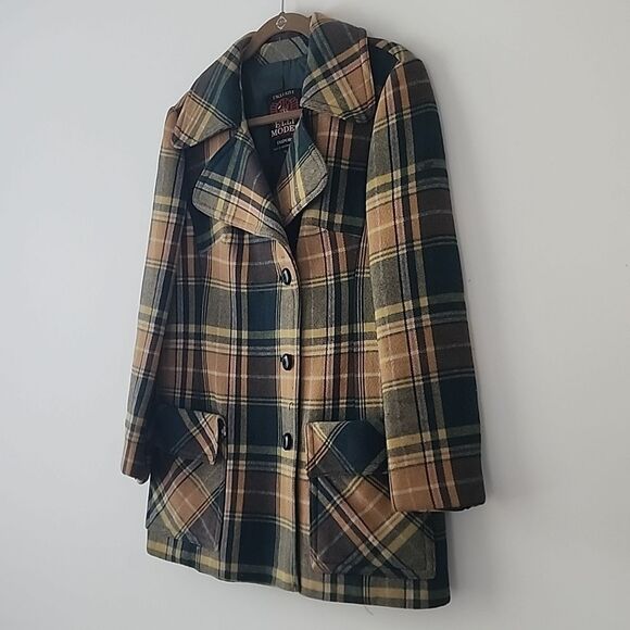 Elli Vintage Retro Yellow Green Plaid Wool Coat Jacket Made In Germany M - Picture 2 of 8